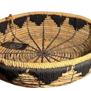 Foreign Native Interiors Boho Woven Basket Bowl Black Southwest Macrame Design